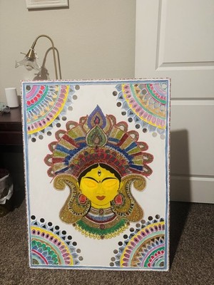 Unique Hand-Painted Devi Canvas | Gemstone Sticked | Home Decor