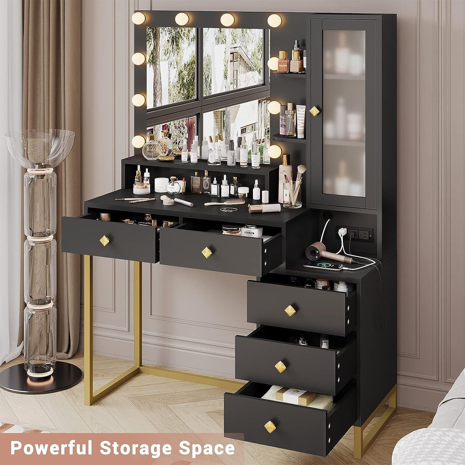 Makeup Vanity with Charging Station Mirror with Lights 5 Drawers