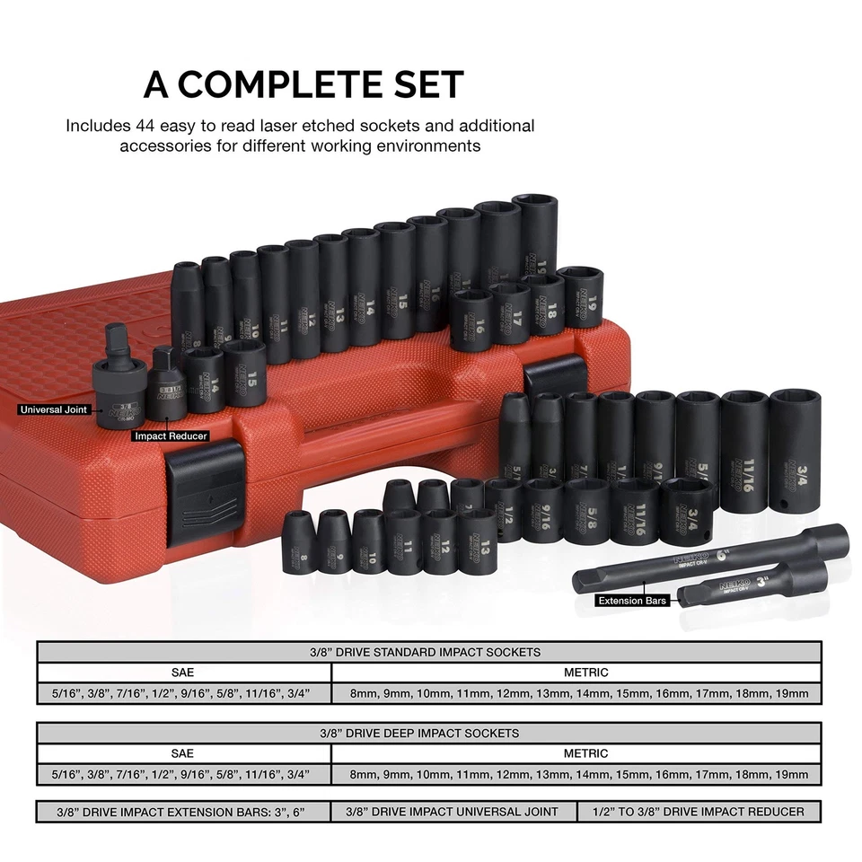 02440A 3/8-Inch-Drive Impact Socket Set, SAE Sizes 5/16" to 3/4" and Metric S... - Image 2 of 4