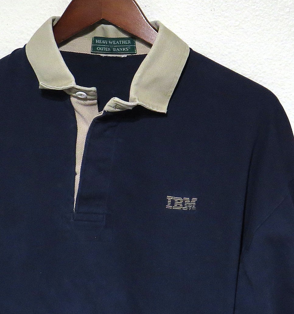 vtg IBM Rugby Shirt MED 80s/90s Polo Sewn Computers Navy