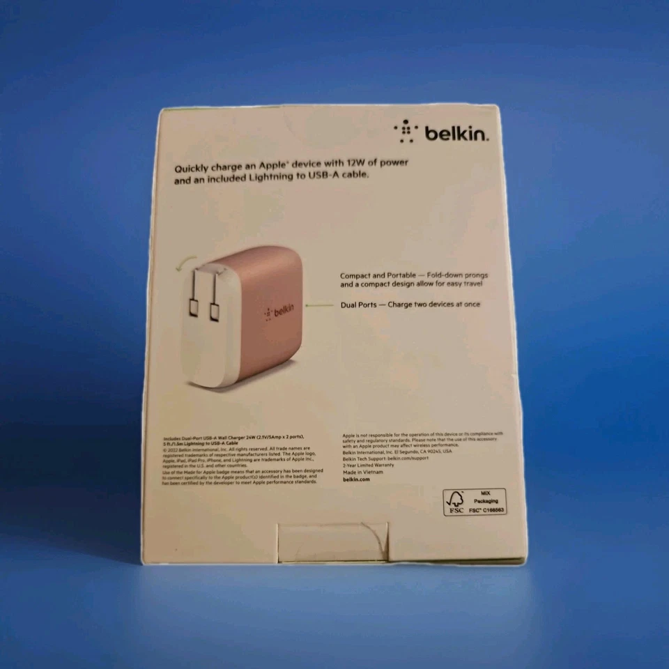 Belkin BoostCharge Dual Port USB Wall Charger 24W + 5FT MFI Apple Cable - Pink™ - Image 2 of 4