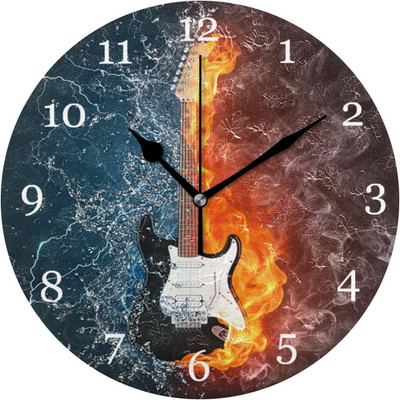 Ice Fire Rock Music Guitar Wall Clock Silent Non Ticking round Clock for Bedroom