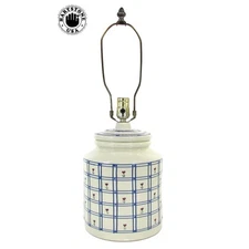 Vintage Hartstone Pottery WINDOWPANE 23" Electric Lamp Blue Lines Red Flower