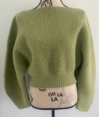 NEW Cult Gaia Ella Puff-Sleeve Ribbed-Knit Cropped Pullover Top Green Size M