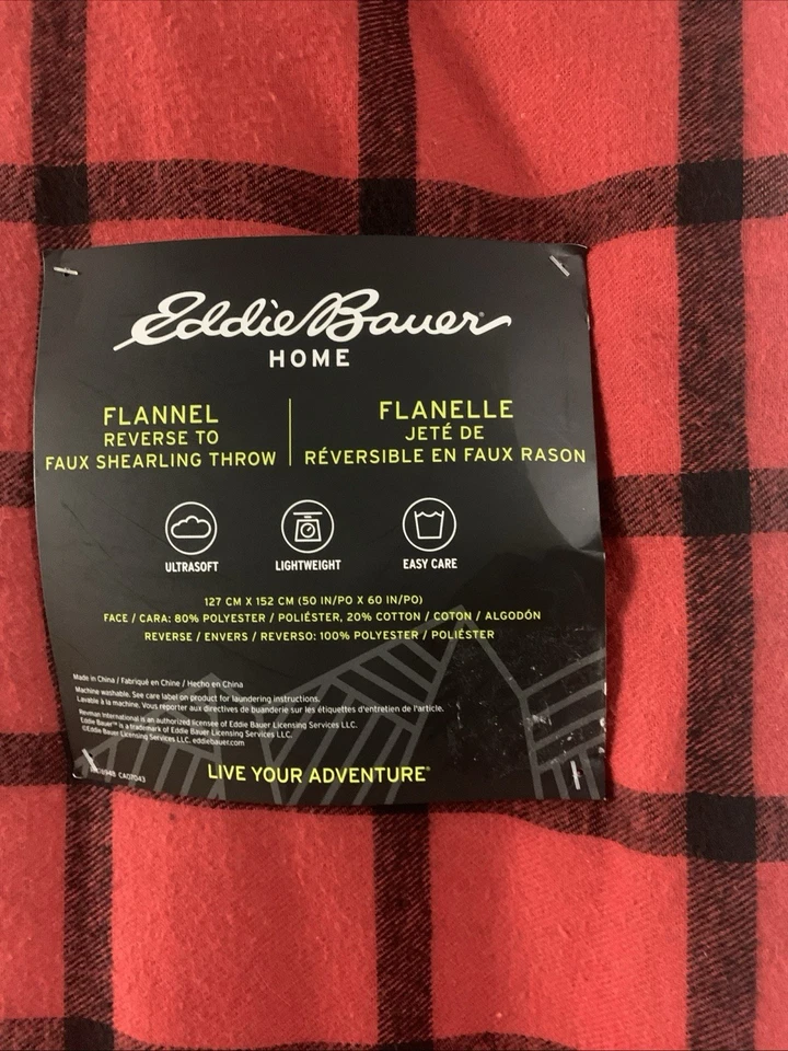 NWT Red Buffalo Plaid Flannel Reverse Faux Shearling Throw Blanket Eddie Bauer - Image 3 of 4