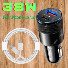 Dual USB-C Type C PD QC 38W Fast Car Charger Cable For iPhone 15 16 Plus Sumsang
