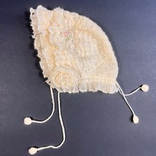 Vtg Mid Century Crochet Baby Bonnet Floral Embroidery Lace Ruffle Pom Pom Ties