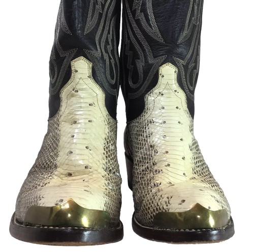 Mens 7, J. Chisholm Leather Western Boots Snakeskin And Leather Black / Tan USA - Picture 3 of 11