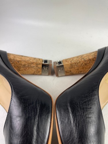 Chanel sz 36.5 black leather CC logo peep toe cork block heel chain detail pumps - Picture 12 of 16