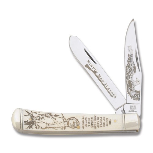 Scrimshaw Trapper POCKET KNIFE Minute Man white Bone Handle 2nd Amendment - Picture 2 of 3