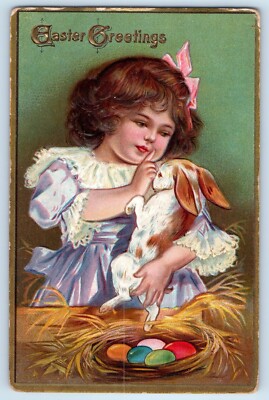 Easter Greetings Little Girl With Bunny Rabbit Eggs Nest Embossed Postcard