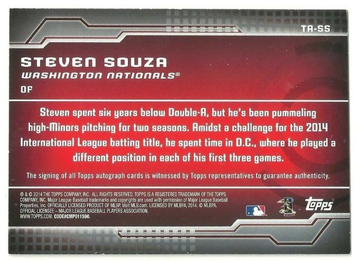 2014 TOPPS BASEBALL - STEVEN SOUZA AUTOGRAPH - TRAJECTORY - NATIONALS - TA-SS - Picture 2 of 2