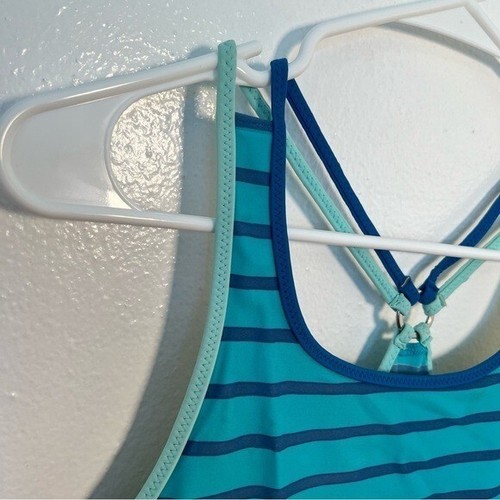 Vintage Lands’ End Girls Size 14 Tankini Swim Top Teal Blue Stripes Polka Dot - Picture 4 of 11