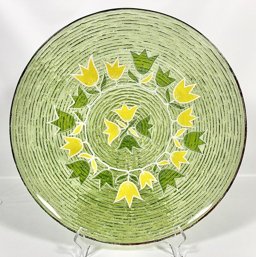 Vtg Culver Gold Yellow Green TULIPS Rib Glass LARGE Serving Platter Plate 14" - Picture 10 of 19