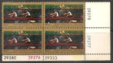 1967US Scott #1335 Thomas Eakins Biglin Bros Racing  5c Plate Block of 4 MNH OG