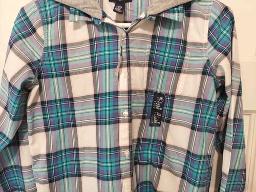 Nwts $30 Gapkids Junior Sz 13 Plaid Hooded Button Up Lightweight Flannel Shirt - Picture 3 of 8