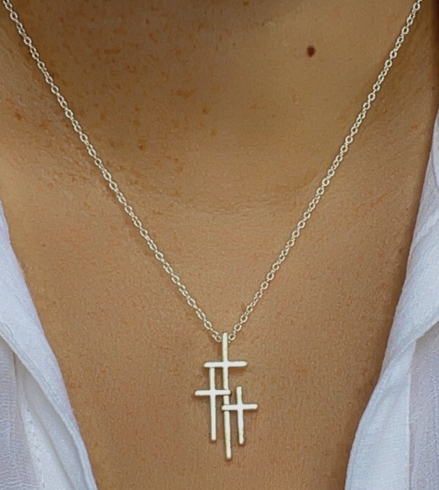 3 Three Triple Crosses Calvary 925 Silver Plated Necklace 18