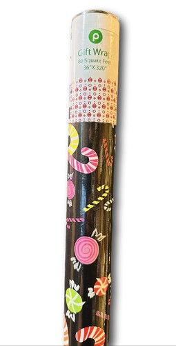 "Papel de envoltura de Navidad negro caña de caramelo y caramelo 80 pies cuadrados 36"" X 320""" - Imagen 2 de 2