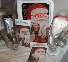 Santa Metal Latte Tray Gift Basket Cocoa Coffee 2 Clear Mugs Marshmallows Gifts 