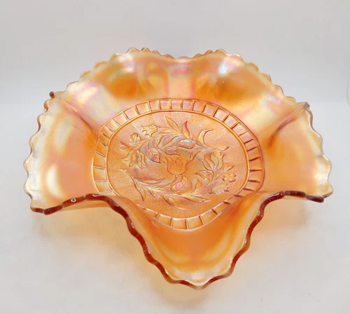 Vintage Marigold Carnival Glass Ruffled Bowl Dugan Windflower Iridescent