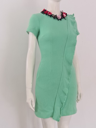 MSGM Green Pencil Dress UK 10 EU 38 Ruffle Frill Wool Floral Pin Chain Collar - Picture 6 of 20