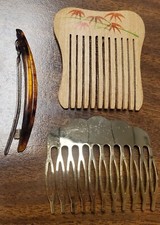 Vintage Estate Lot of 2 Hair Combs and 1 Barrette Wood, Metal and Faux Tortoise