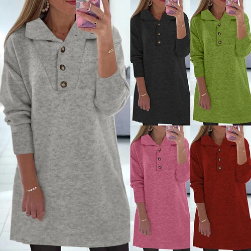 Women's Button Sweatshirt Loose Tank Dress Long Sleeve Sweater Casual Top Shirt