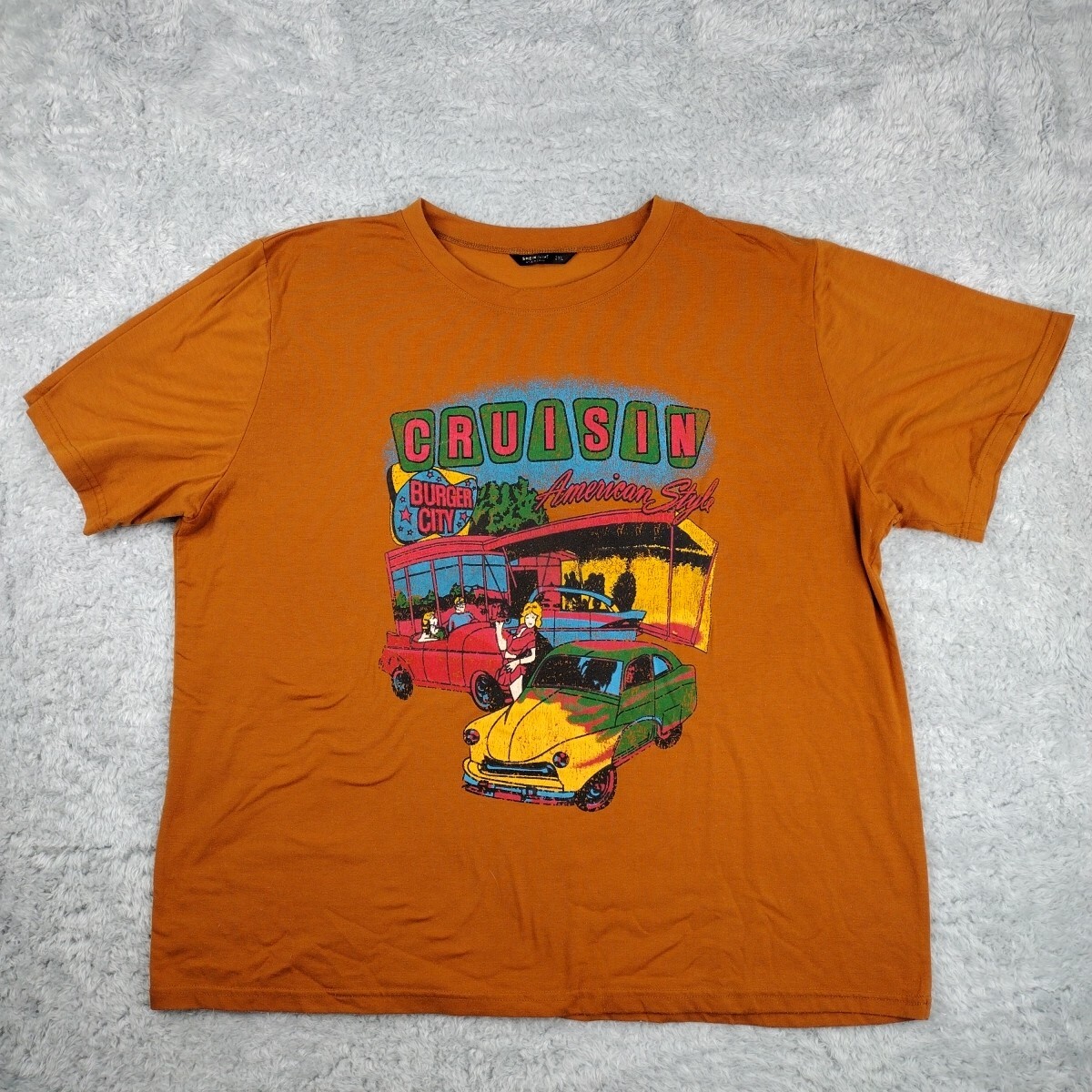 Shein Curve Top Womens 2XL Cruisin American Style Burger City Orange Graphic Tee View 2
