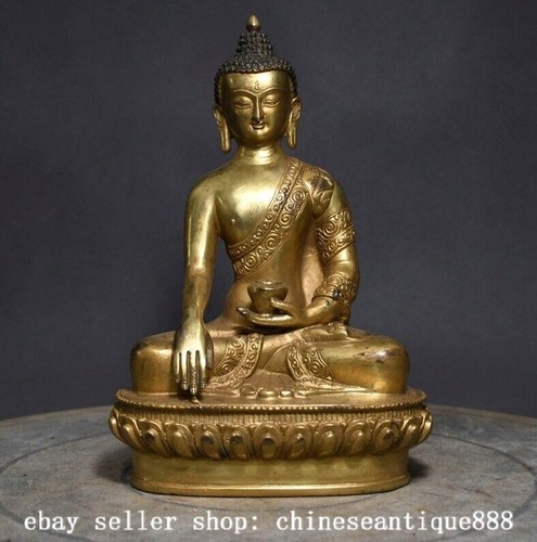 Ancienne statue de Bouddha Shakyamuni Amitabha Shakyamuni 8,6" en bronze doré chinois - Photo 3/9
