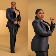 Plus Size Women's Suits Black Satin Prom 2 Pieces Party Wedding Ladies Outfit