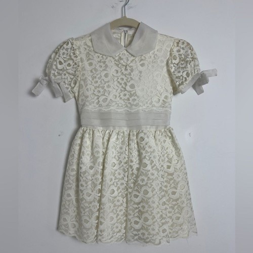 Vintage Girl's First Communion Cream Lace Short Sleeve Attached Necklace Dress 7 - Picture 2 of 13