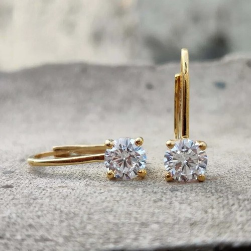 2CT Round Cut Lab Created Diamond Hoop Lever Back Earring 14k Yellow Gold Plated - Picture 2 of 3