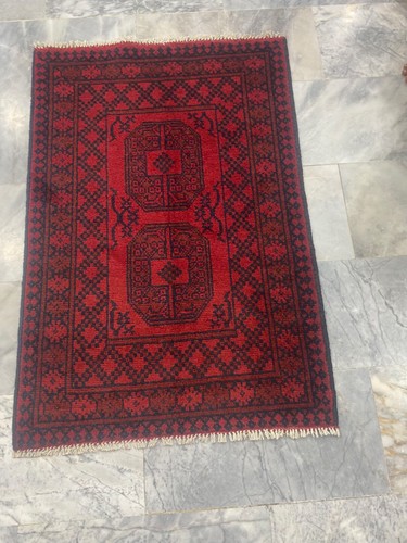 Genuine Afghan Elephant Foot - Hand Knotted Red & Black Wool Area Rug 80x117cm - Picture 2 of 4