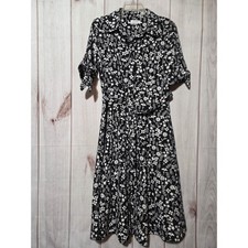 Calvin Klein Black White Floral Button Front Midi Shirt Dress Belted Size 8