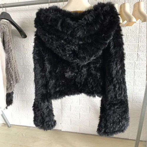 Chaqueta de manga larga de piel de conejo real tejida genuina abrigo con capucha para mujer suave - Imagen 27 de 43