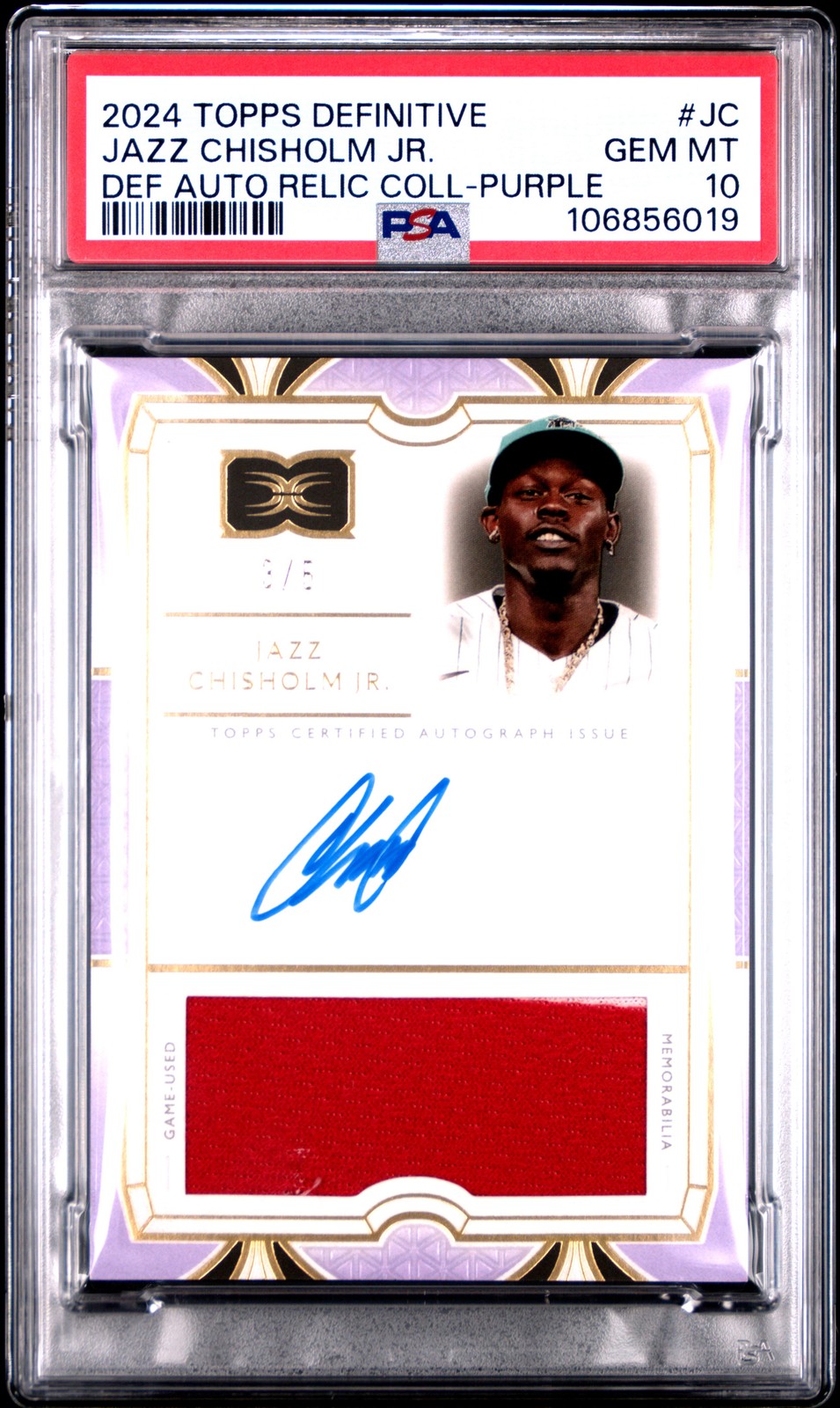 2024 TOPPS DEFINITIVE COLLECTION PURPLE #DARCJC JAZZ CHISHOLM JR. 3/5 PSA 10 view 1