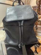Vintage 90s ESPRIT Black Faux Leather Backpack Purse Top Handle Back Zip Access