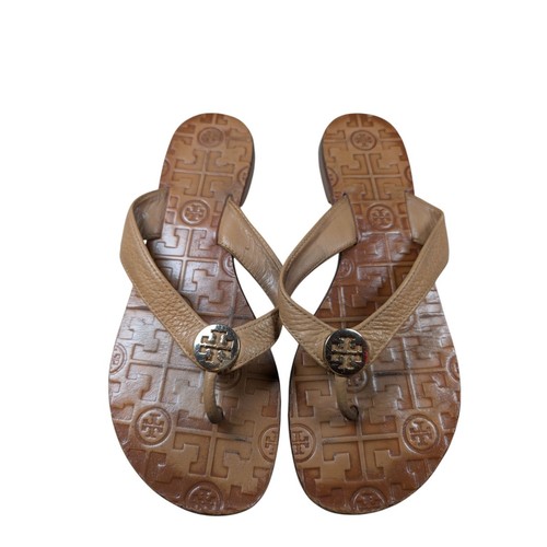 Tory Burch Monroe Zehenstegsandale Größe 7M braun Leder Slipper Flip Flops
