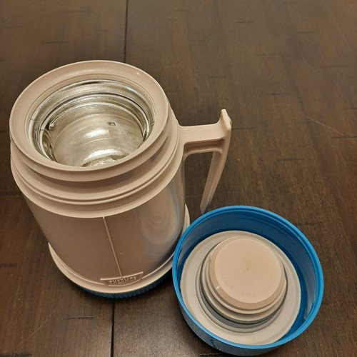 Vintage Thermos 10 oz Hot Cold Food Jar Wide Mouth Insulated Bottle White Blue - Picture 4 of 8