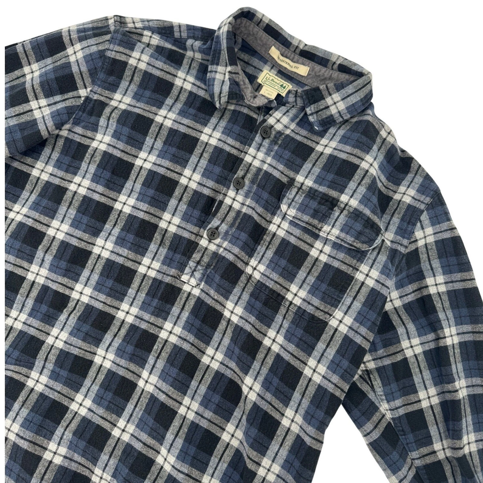 LL Bean 1/2 Button Up Flannel Shirt Mens L Reg Traditional Fit Plaid Pullover