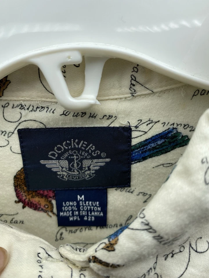 Camisa Dockers Para Hombre Mediana con Botones 100% Algodón Marfil Pájaro Perro Caza Preppy Foto 3 de 4