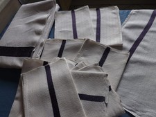 RARE, nappe (3.15 m) + 12 serviettes en lin, liteaux bleues foncé, fin 19éme