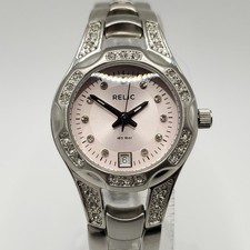 Relic Pink Date Dial Rhinestone Watch Women 25mm Silver Tone New Battery