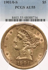 1901/0-S $5 PCGS AU 55 Liberty Gold Half Eagle Overdate Error