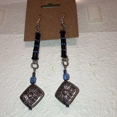 Handcrafted Blue Black Glass Beaded Dangle Drop Earrings Hook Silver Tone