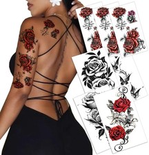 7pcs Red Temporary Rose Flower Arm  Leg Tattoo Large, X-Large, rose-black