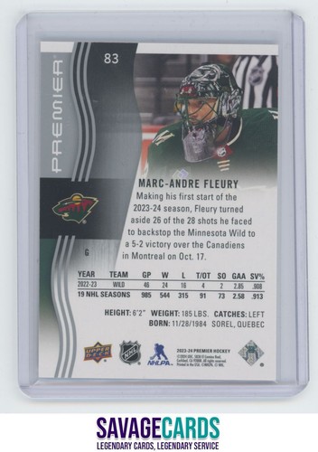2023-24 UD Premier Marc-Andre Fleury /299 #83 Minnesota Wild - Picture 2 of 3