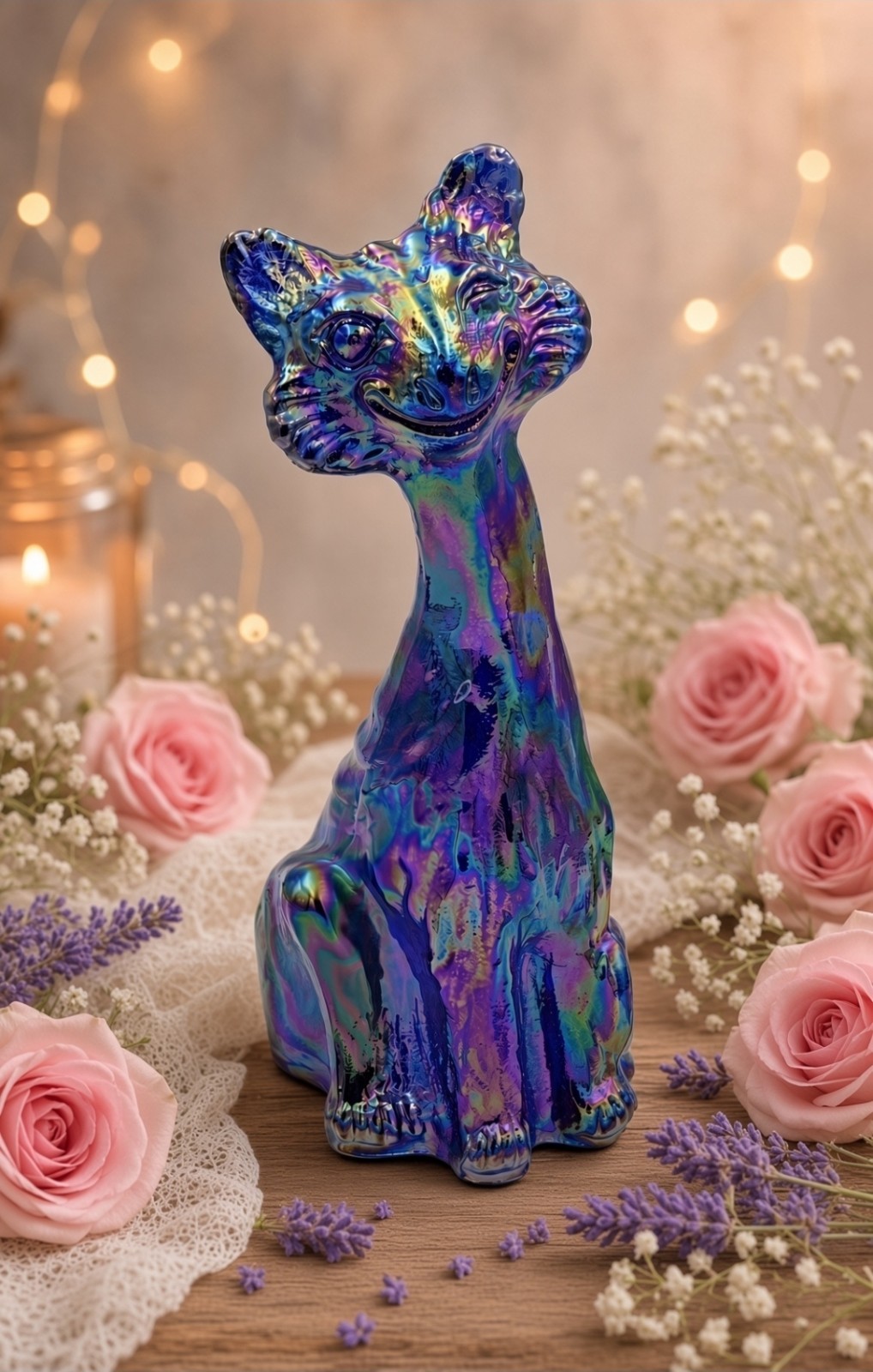 Blue Carnival Glass Fenton Alley Cat Poured by Mosser \~11" Tall