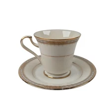 Vintage Mikasa Lan03 Sheraton  Footed Cup and Saucer Bone China Gold Trim Japan