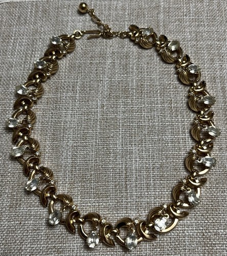 Vtg Trifari © Rhinestone Necklace & Bracelet Set Gold Choker Crystal Link Collar - Image 1